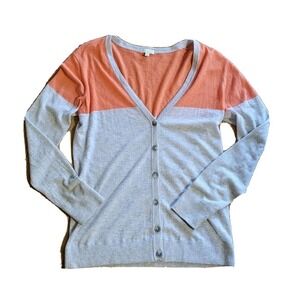 PJ Luxe Cardigan Women Large Gray Orange Button Down Colorblock Wool Sweater Top